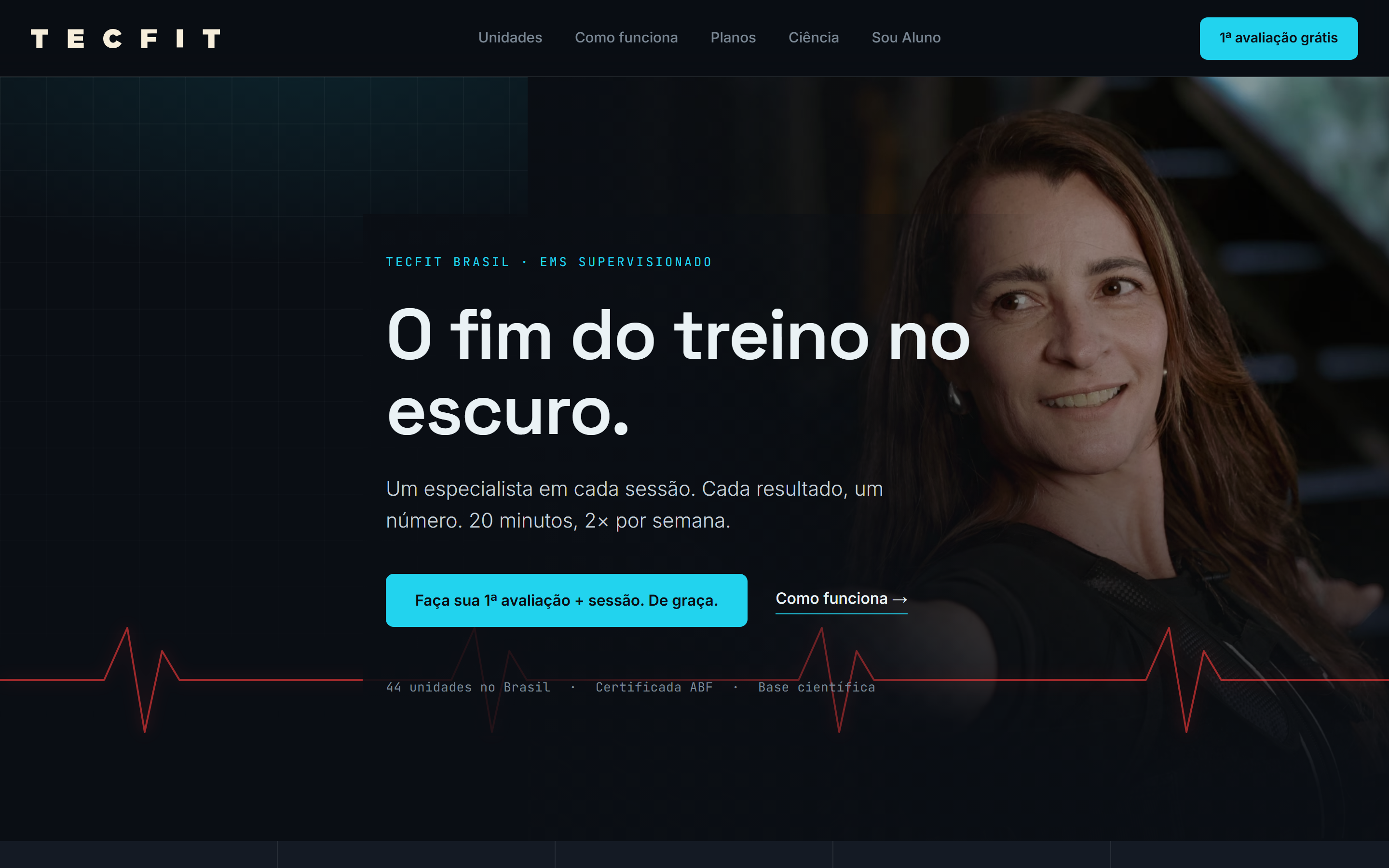 Home proposta para a Tecfit Brasil, com o headline 'O fim do treino no escuro'