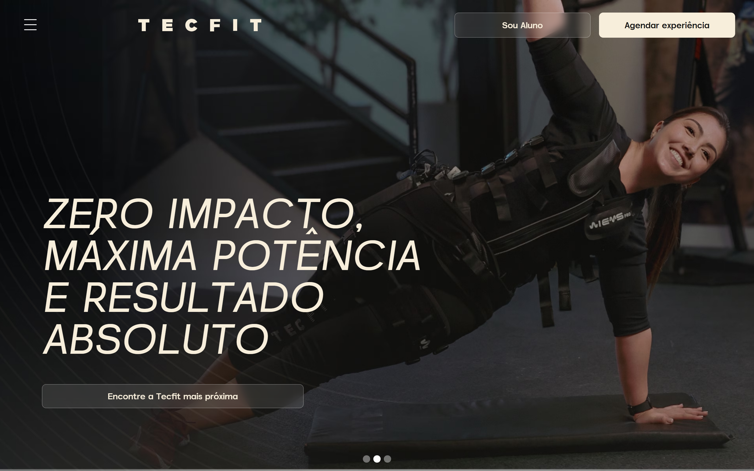 Home atual da Tecfit Brasil, com o headline 'Zero Impacto, Máxima Potência e Resultado Absoluto'